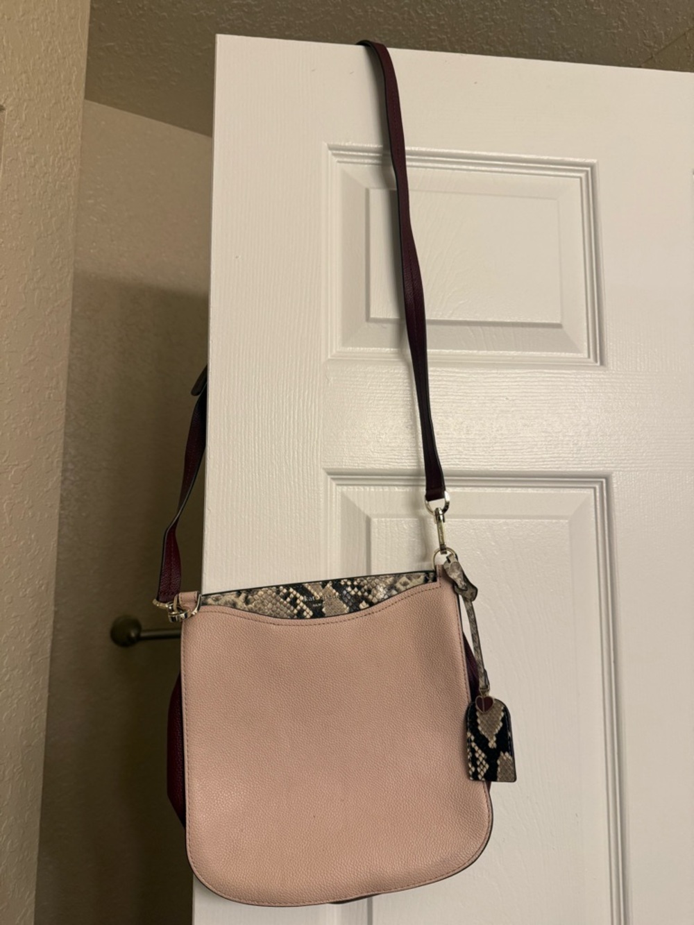 kate spade Blush Pink Crossbody with Snake-Print Accent and Burgundy Strap